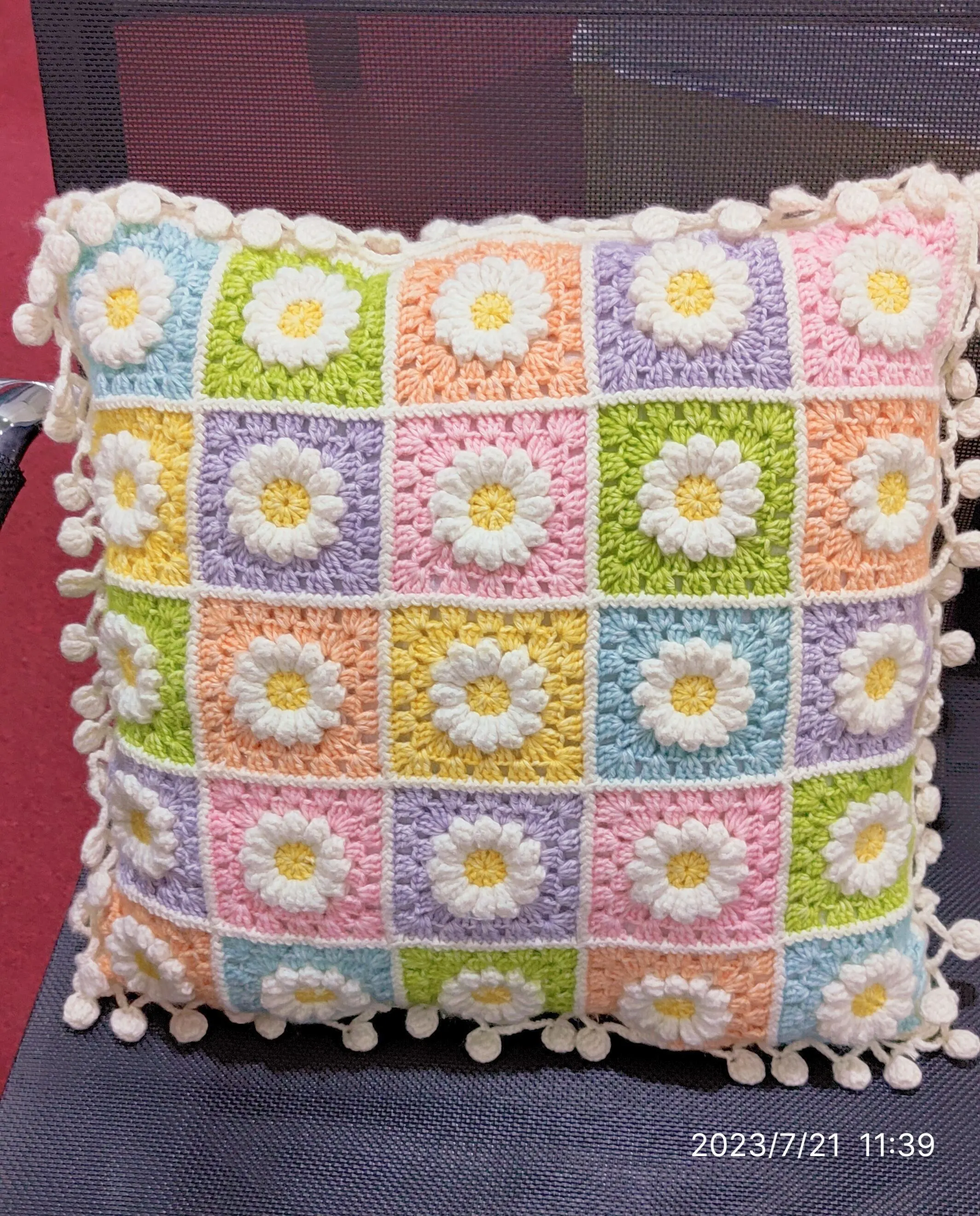 喷毛纱-白晶菊抱枕, a crochet project shared by 溶豆豆